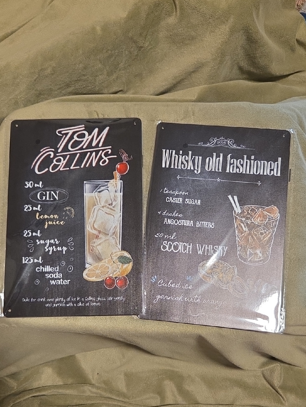 Tom Collins & Whisky Old Fashioned Wall Decor - Black Chalkboard Cocktail Signs